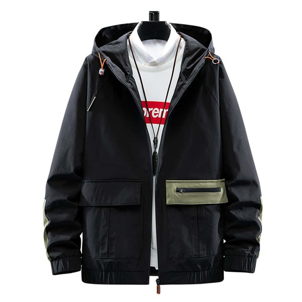 

Men Contrast Panel Zip Up Hooded Jacket, Black
