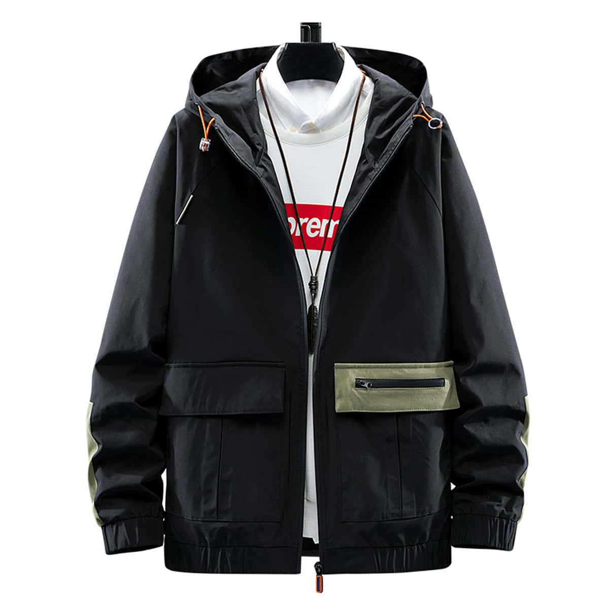 

Guys Contrast Panel Zip Up Hooded Jacket, Black