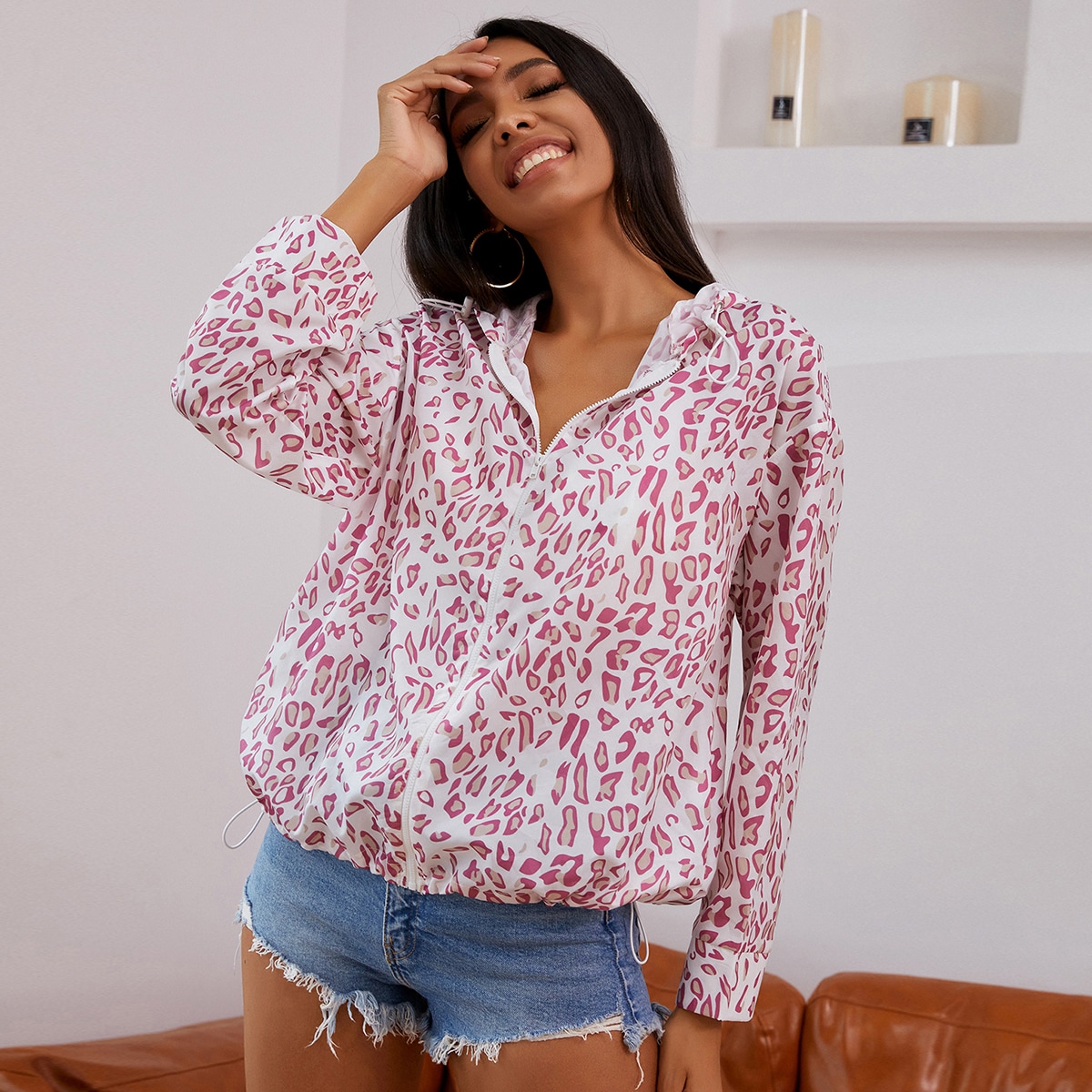 Image of Drop Shoulder Leopard Drawstring Hoodie