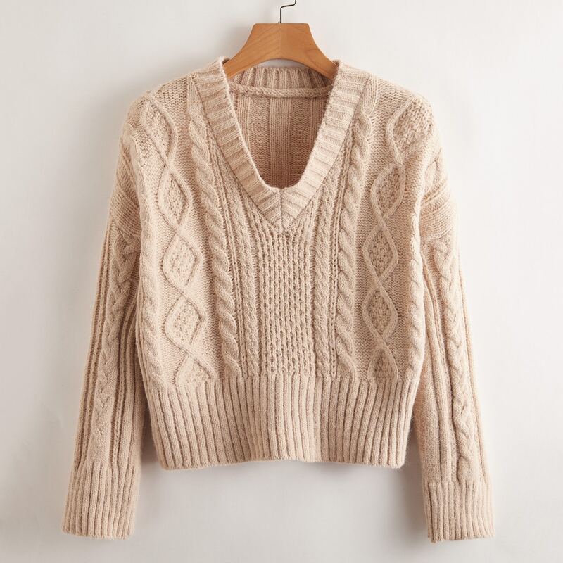 

Solid Cable Knit Sweater, Khaki