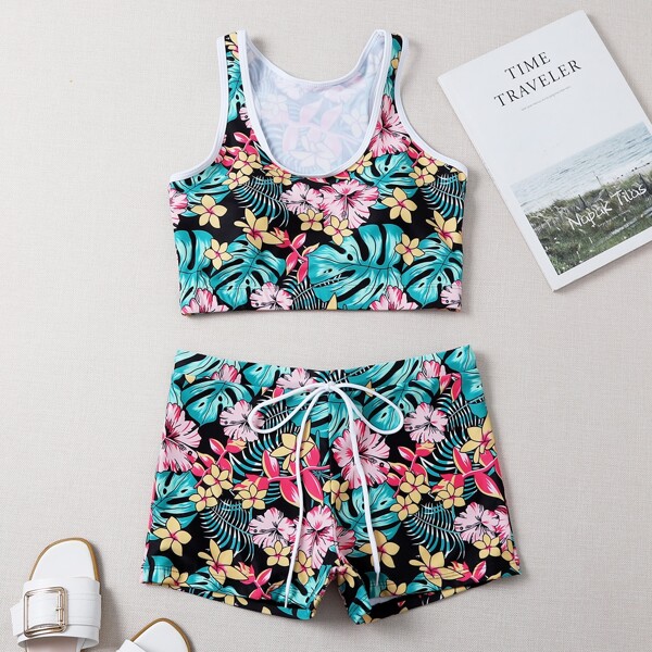 

Tropical & Floral Shorts Bikini Swimsuit, Multicolor