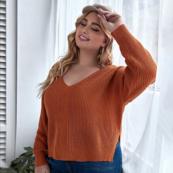 

Plus Split Side Drop Shoulder Sweater, Brown