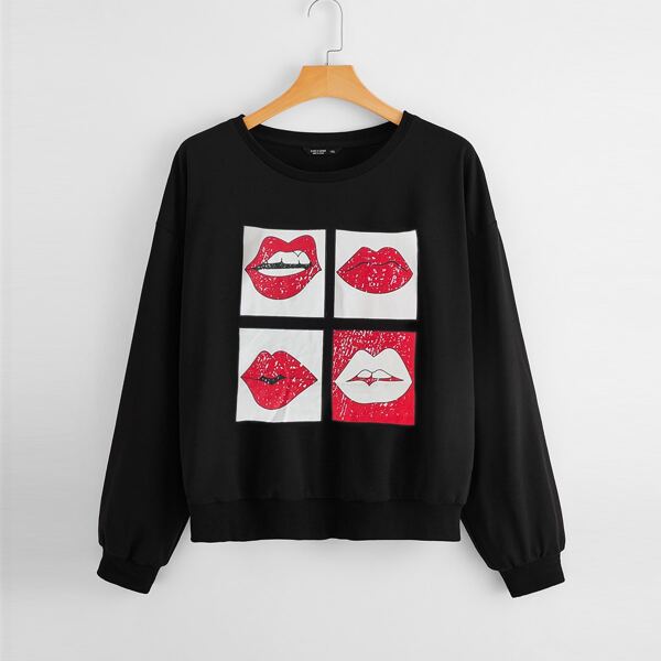 

Plus Drop Shoulder Lip Print Sweatshirt, Black