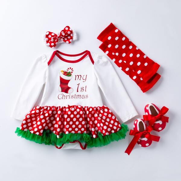 

Baby Girl 4 Pack Christmas Print Combo Bodysuit Dress, Red and white