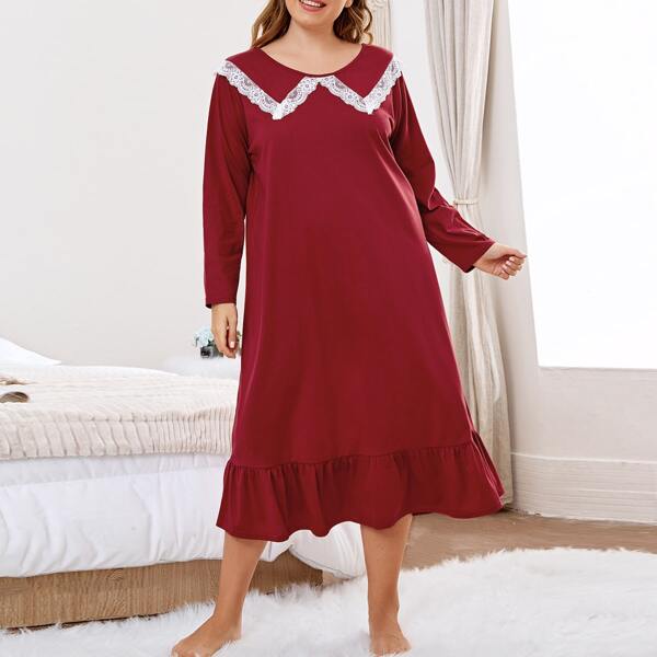 

Plus Lace Panel Ruffle Hem Night Dress, Burgundy