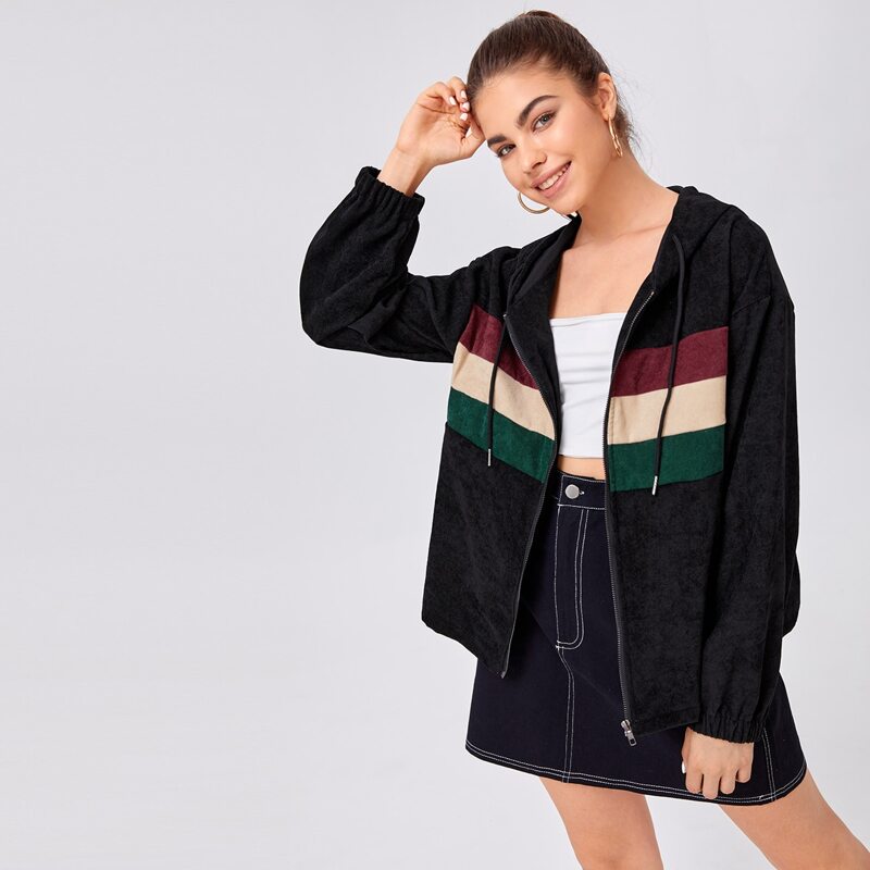 

Contrast Panel Corduroy Hooded Zip Jacket, Black
