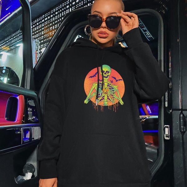 

Halloween Print Drawstring Oversized Hoodie, Black