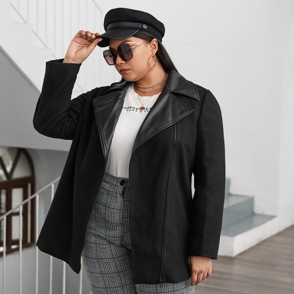 

Plus Contrast PU Lapel Neck Moto Jacket, Black