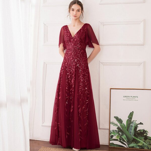 

Contrast Sequin Plants Detail Mesh Prom Dress, Burgundy