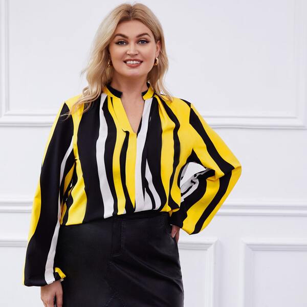 

Plus Striped Print Notched Collar Bishop Sleeve Blouse, Multicolor