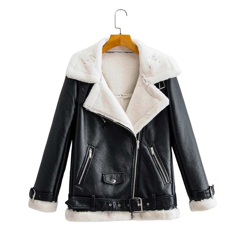 

Flannel Lined Zipper PU Moto Jacket, Black
