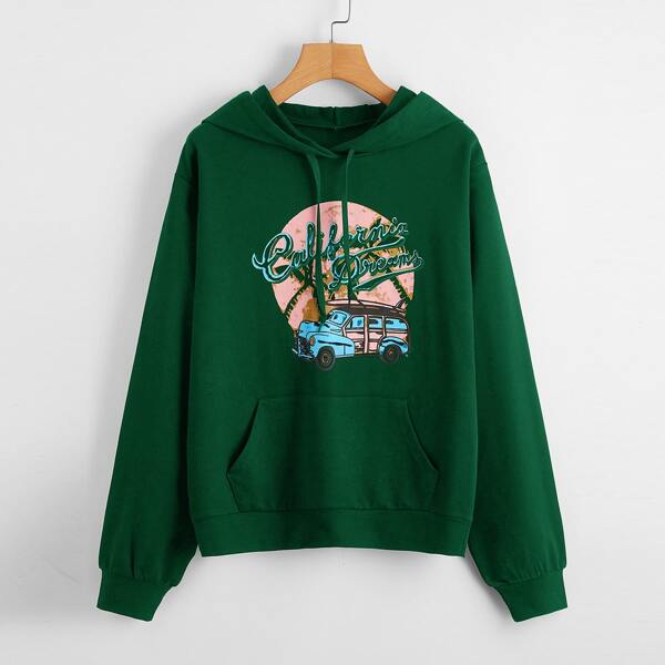 

Plus Car And Letter Graphic Drawstring Hoodie, Dark green