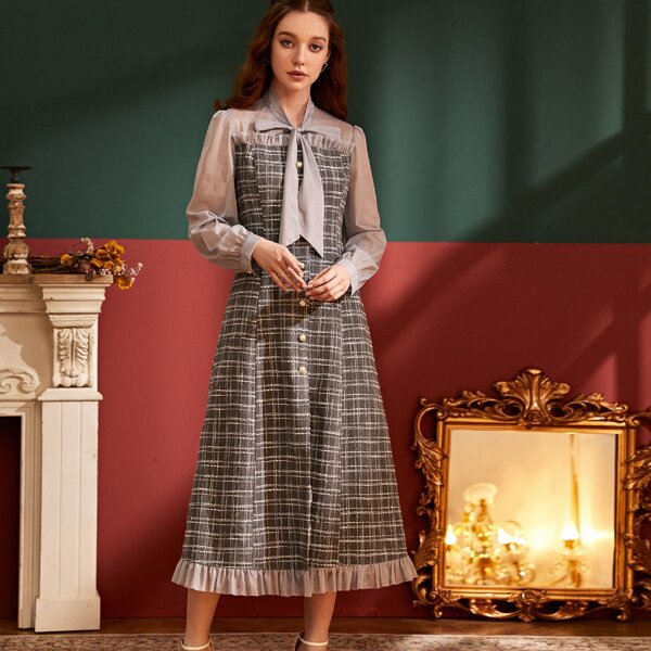 

Plaid Tie Neck Ruffle Hem Pearls Button Front Dress, Multicolor