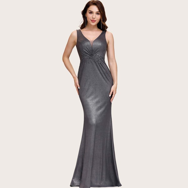 

Mermaid Hem Applique Glitter Prom Dress, Dark grey