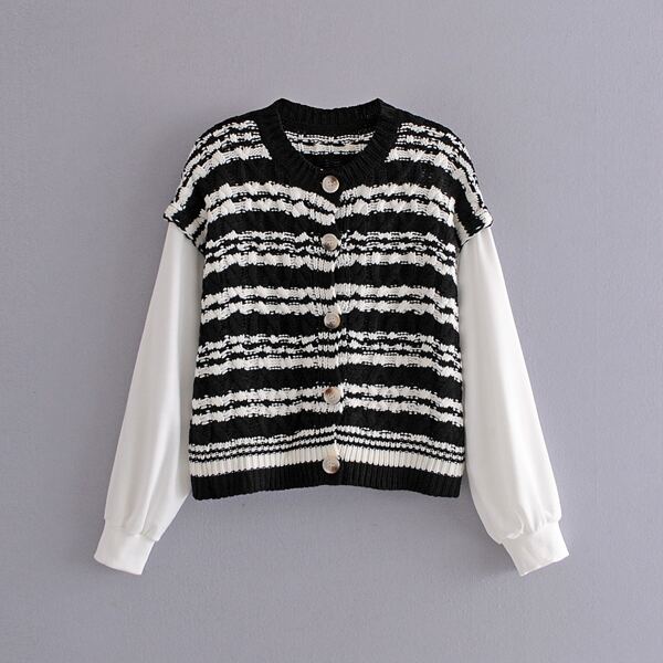 

Striped Button Up Drop Shoulder Cardigan, Black and white