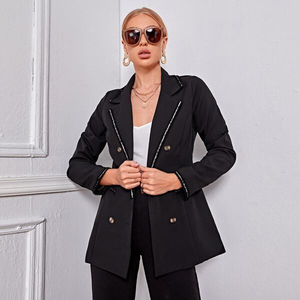 

Frayed Trim Notched Collar Double Breasted Blazer, Black