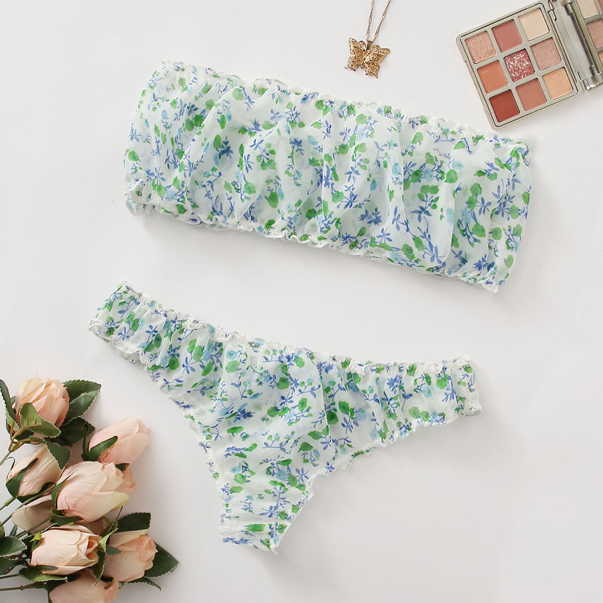 

Ditsy Floral Chiffon Bandeau Lingerie Set, Multicolor