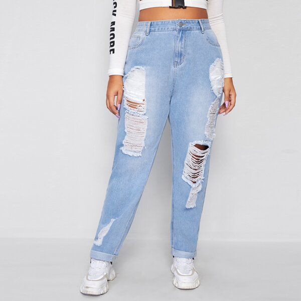 

Plus High-Waisted Ripped Mom Jeans, Light wash