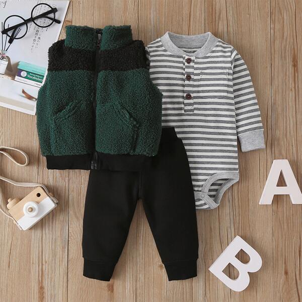 

Baby Boy 3pack Stripe Bodysuit & Sweatpants & Teddy Jacket, Multicolor