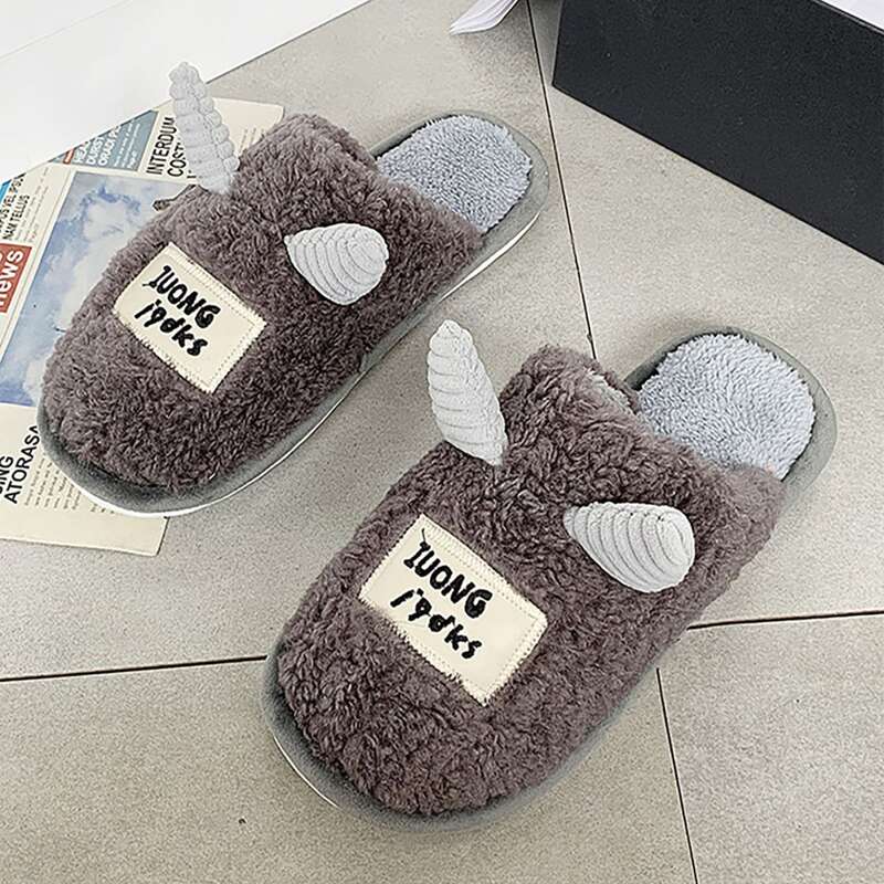 

Guys Letter Patch Cartoon Design Fluffy Slippers, Brown