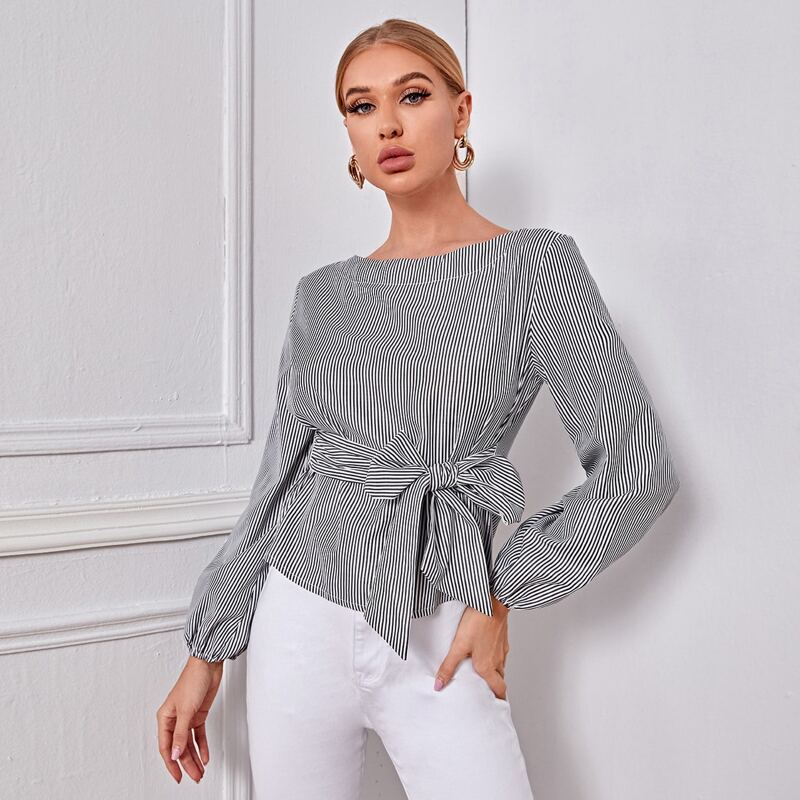 

Self Belted Striped Top, Black and white