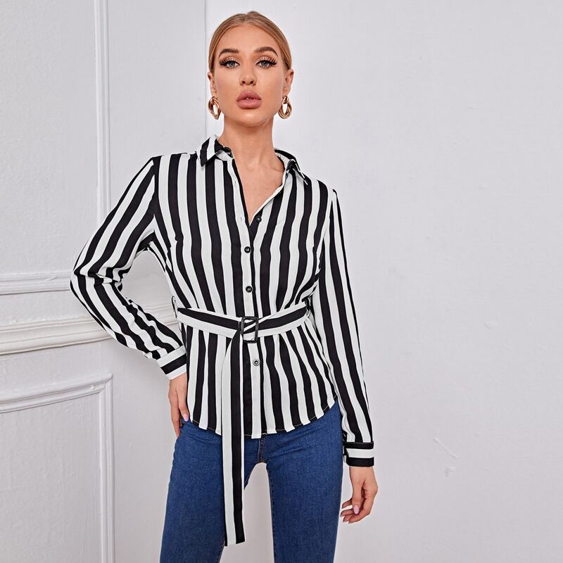 

Collared Buttoned Front Self Belted Striped Blouse, Black and white