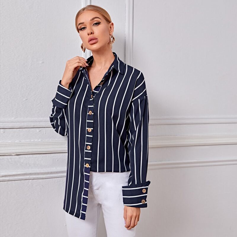 

Collared Buttoned Front Striped Blouse, Navy blue