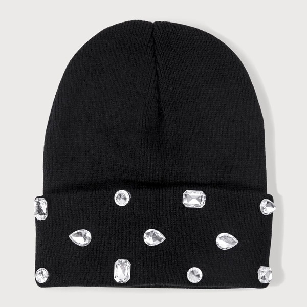 

Rhinestone Decor Cuff Beanie, Black