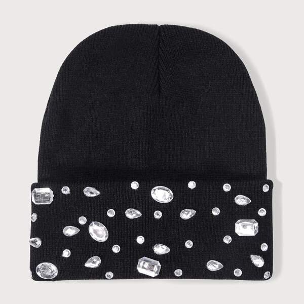 

Rhinestone Decor Cuff Beanie, Black