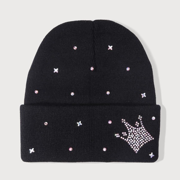 

Rhinestone Decor Cuff Beanie, Black