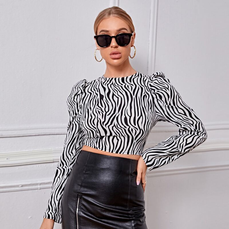 

Tied Open Back Zebra Striped Top, Black and white