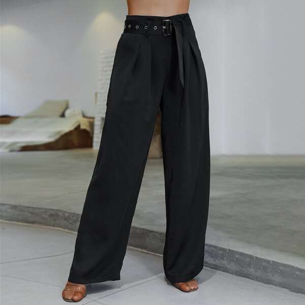 

High Waist Belted Wide Leg Pants, Black