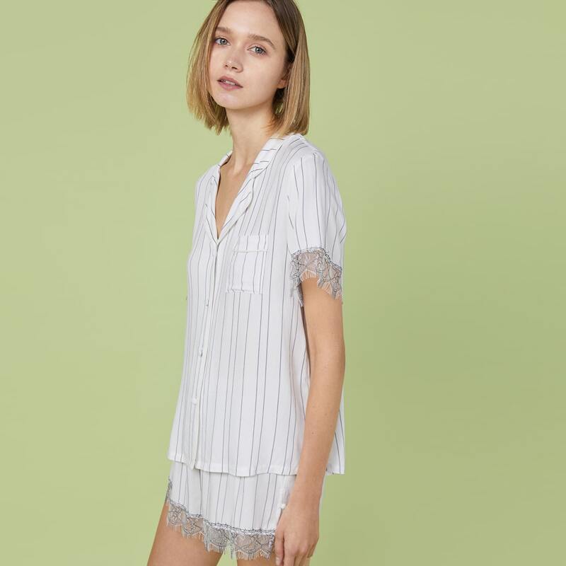 

PJM Eyelash Lace Trim Patch Pocket Top & Skirt PJ Set, White