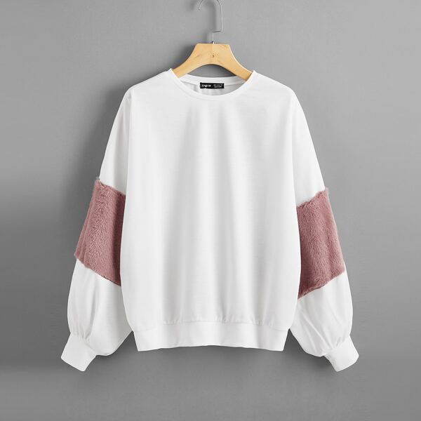 

Plus Drop Shoulder Teddy Panel Pullover, White