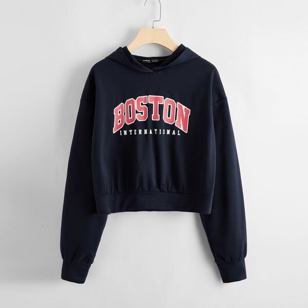 

Plus Drop Shoulder Letter Graphic Hoodie, Navy blue