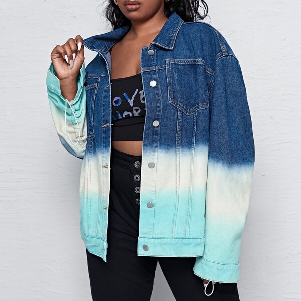 

Plus Buttoned Front Pocket Detail Colorblock Denim Jacket, Multicolor