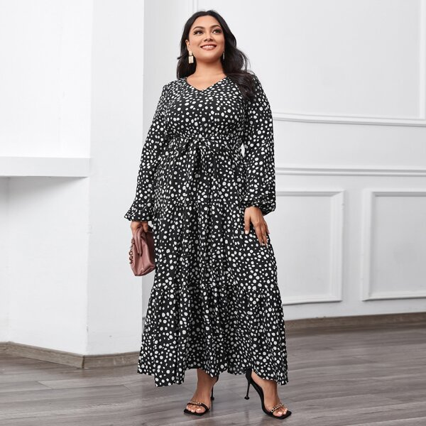 

Plus Dalmatian Print Belted Dress, Black and white