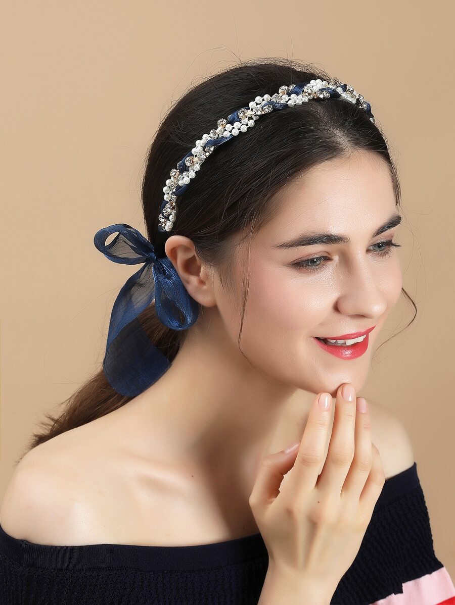 Bow & Faux Pearl Decor Hair Hoop - Multicolor - View 1