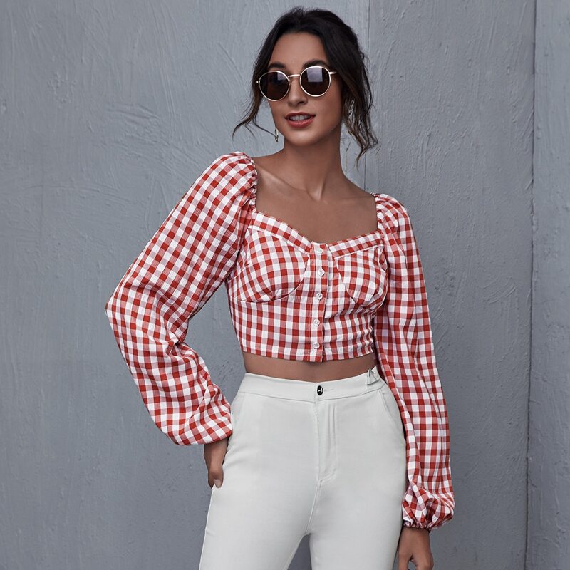 

Lantern Sleeve Gingham Crop Top, Red and white