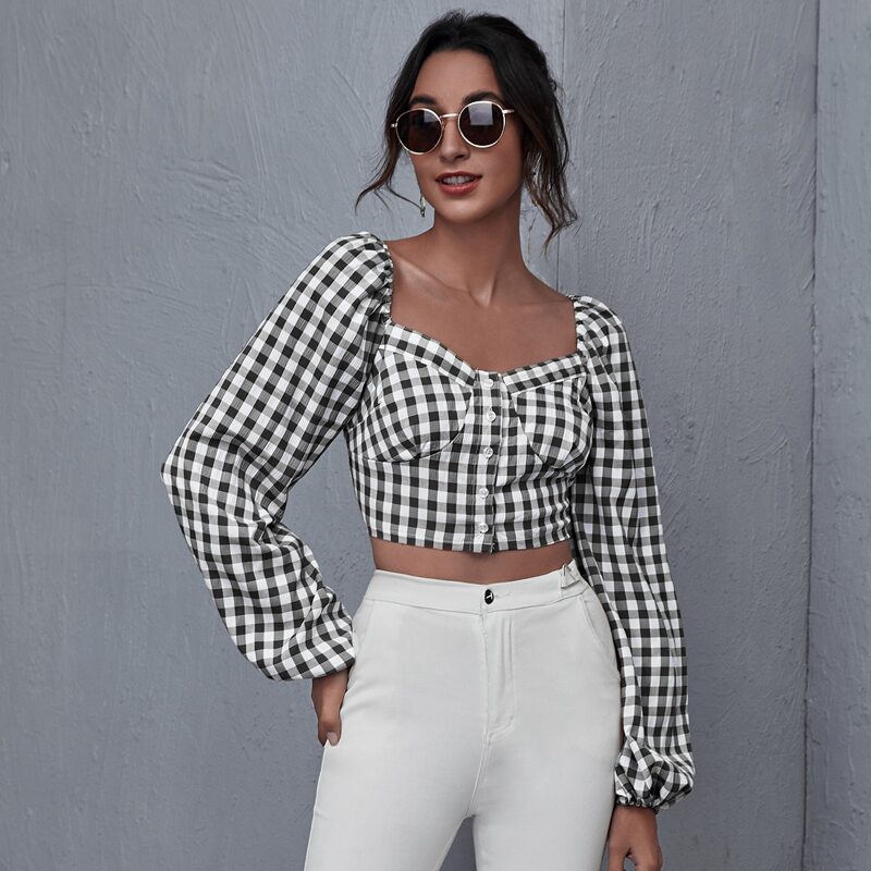 

Lantern Sleeve Gingham Crop Top, Black and white
