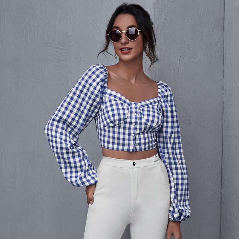 

Lantern Sleeve Gingham Crop Top, Multicolor blue and white