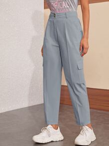 Side Pockets Button Fly Cargo Pants - Grey - View 4