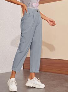 Side Pockets Button Fly Cargo Pants - Grey - View 3
