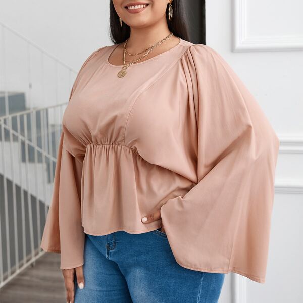 

Plus Bell Sleeve Ruffle Hem Blouse, Pink