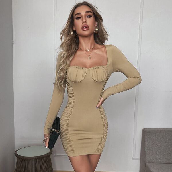 

Sweetheart Neck Ruched Bust Bodycon Dress, Khaki