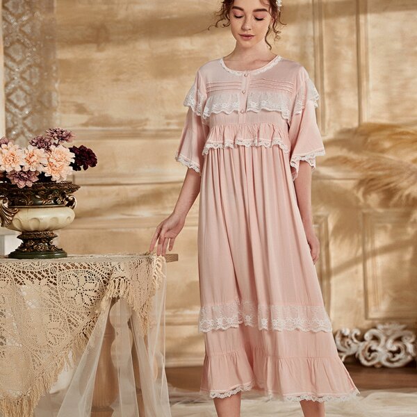 

Ruffle Trim Flounce Hem Night Dress, Baby pink