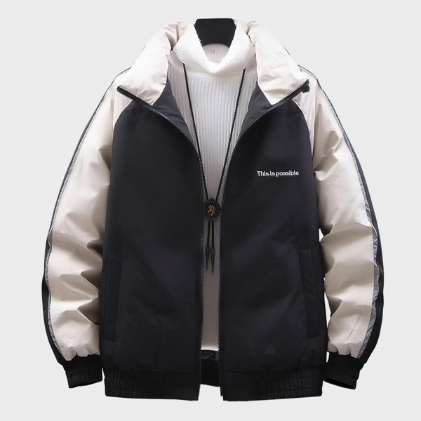 

Men Contrast Sleeve Slogan Graphic Puffer Jacket, Black and white