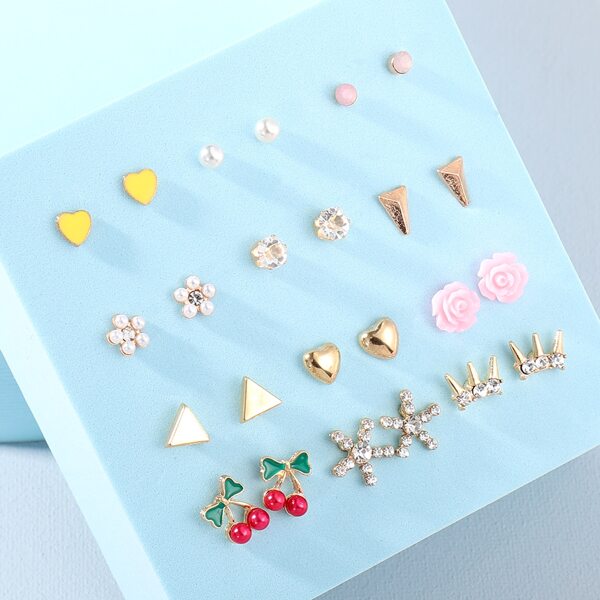 

12pairs Floral & Cherry Shaped Stud Earrings, Multicolor