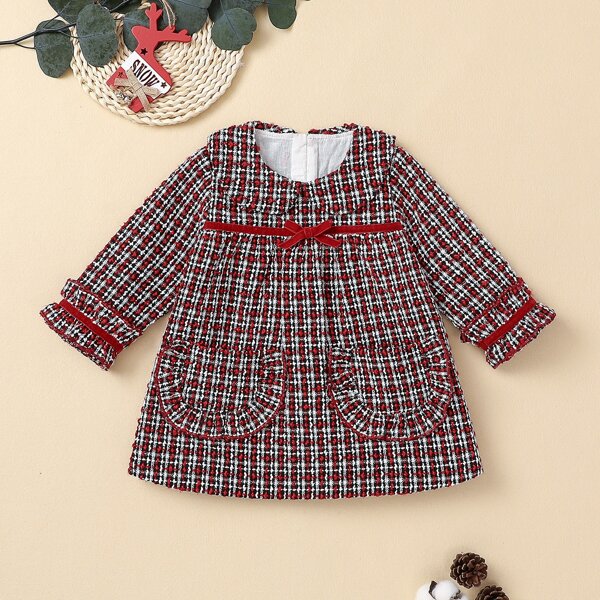 

Baby Girl Tweed Plaid Dual Pocket Bow Front Dress, Multicolor