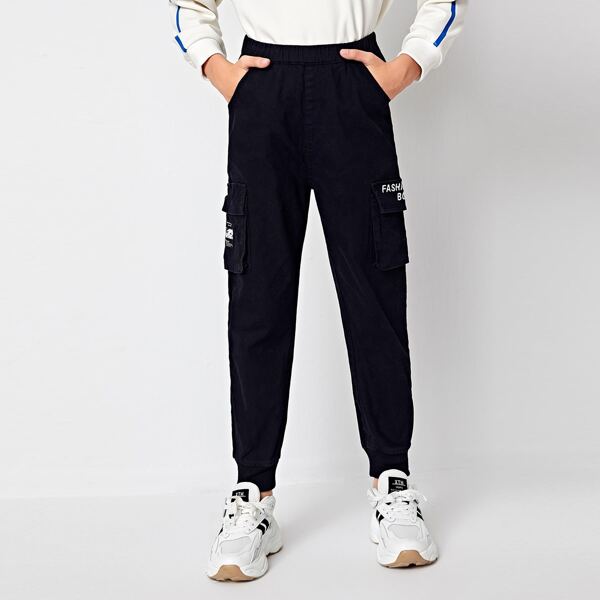 

Boys Letter Patch Flap Pocket Sweatpants, Black